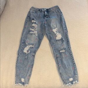 Tinseltown Blue Boyfriend Jeans with Pink Butterflies